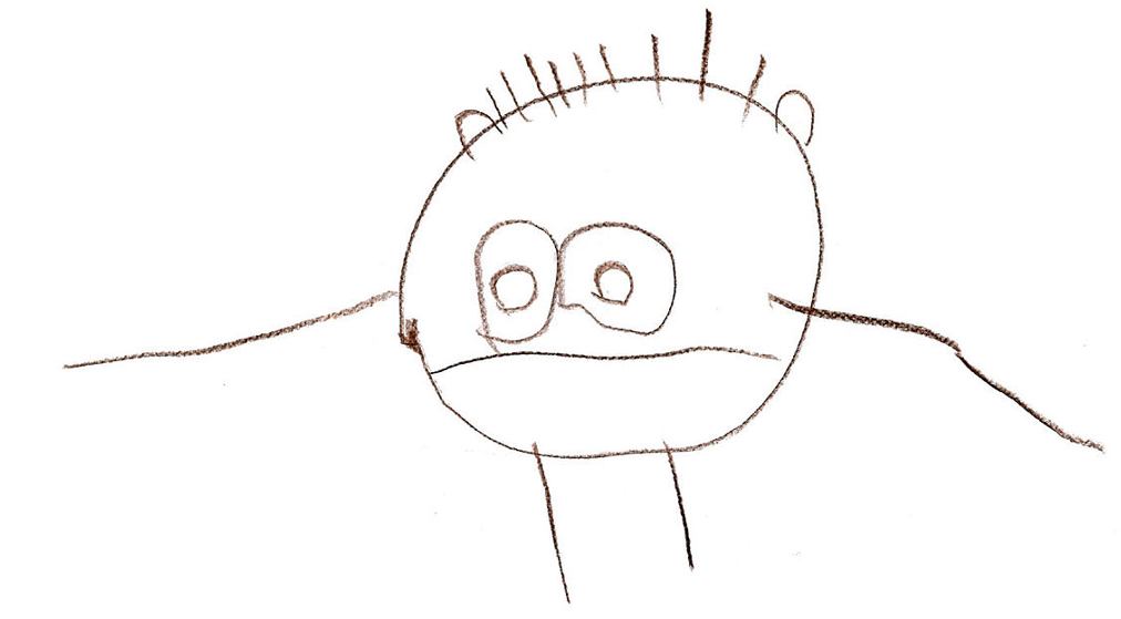 Drawing by a three year old of a person with arms and legs extending from the head.